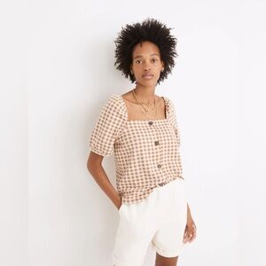 NWOT Madewell Gingham Jacquard Square-Neck Puff-Sleeve Top Yellow Size M R14